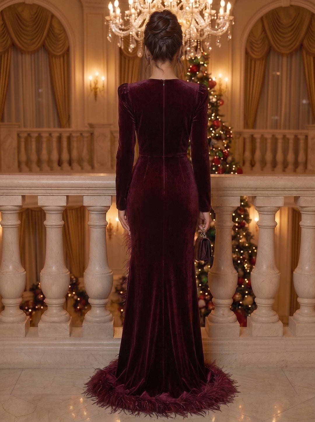 Trumpet/Mermaid Boat Neck Velvet Evening Dresses Floor-Length Long Sleeves Formal Dresses With Feathers