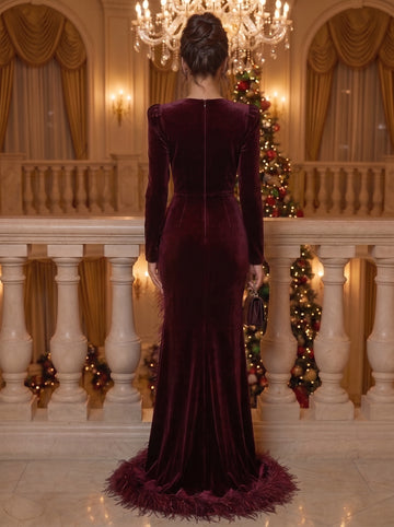 Trumpet/Mermaid Boat Neck Velvet Evening Dresses Floor-Length Long Sleeves Formal Dresses With Feathers