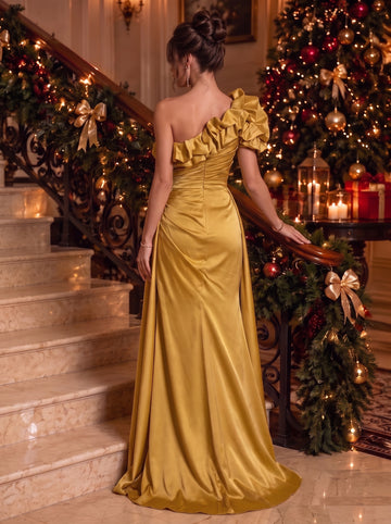Sheath/Column One-Shoulder Satin Evening Dresses Floor-Length Sleeveless Formal Dresses With Split Side