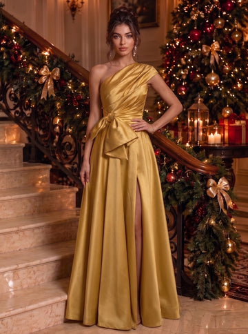 A-Line/Princess One-Shoulder Satin Evening Dresses Floor-Length Sleeveless Formal Dresses With Bowknot