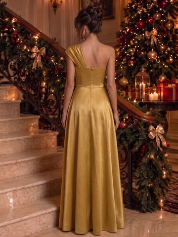 A-Line/Princess One-Shoulder Satin Evening Dresses Floor-Length Sleeveless Formal Dresses With Bowknot