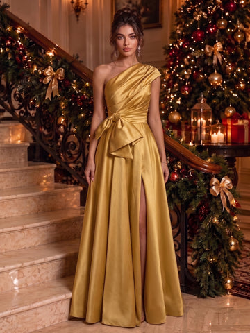 A-Line/Princess One-Shoulder Satin Evening Dresses Floor-Length Sleeveless Formal Dresses With Bowknot