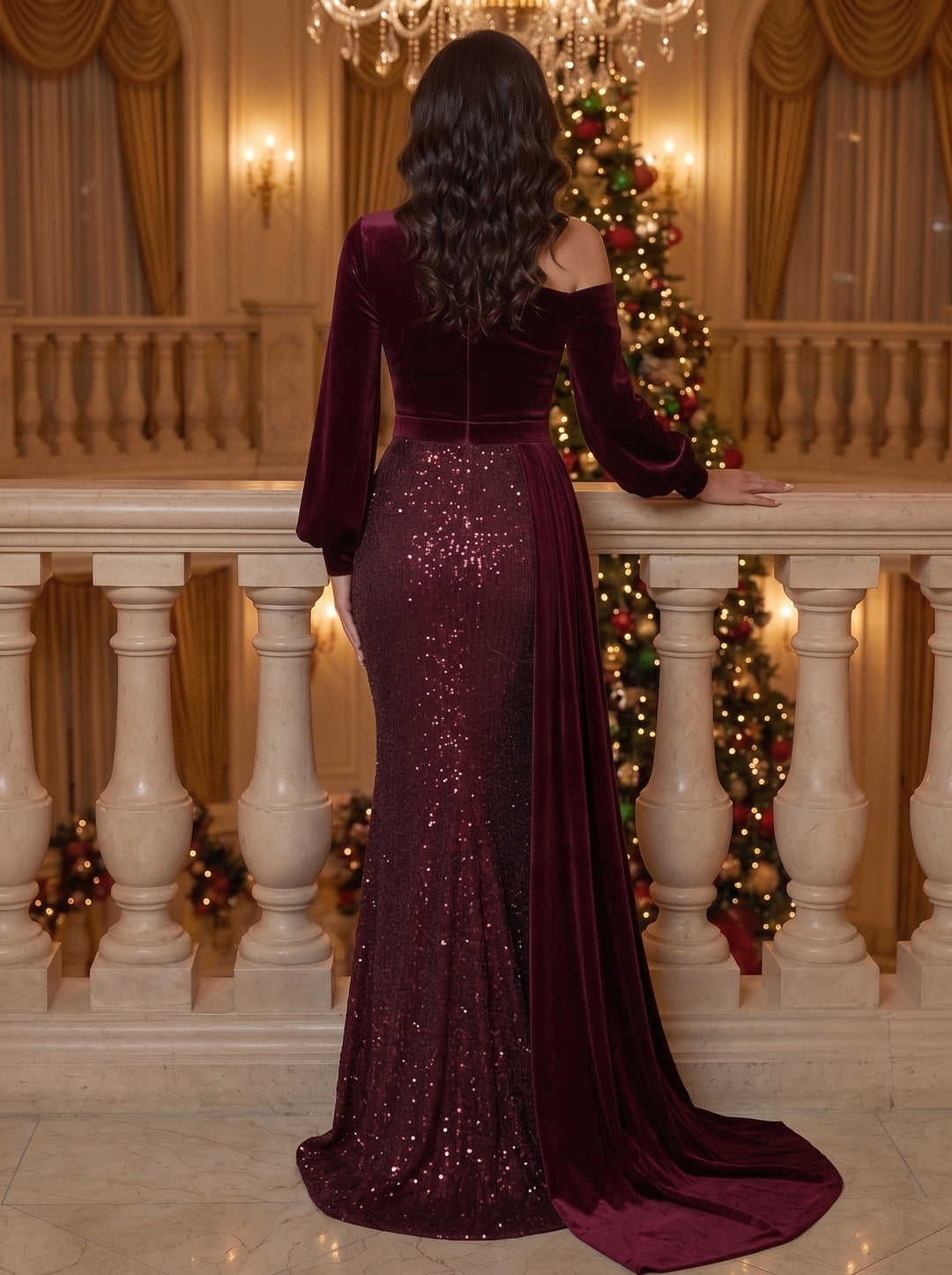 Sheath/Column One-Shoulder Velvet Evening Dresses Floor-Length Long Sleeves Sequins Formal Dresses