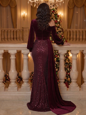 Sheath/Column One-Shoulder Velvet Evening Dresses Floor-Length Long Sleeves Sequins Formal Dresses