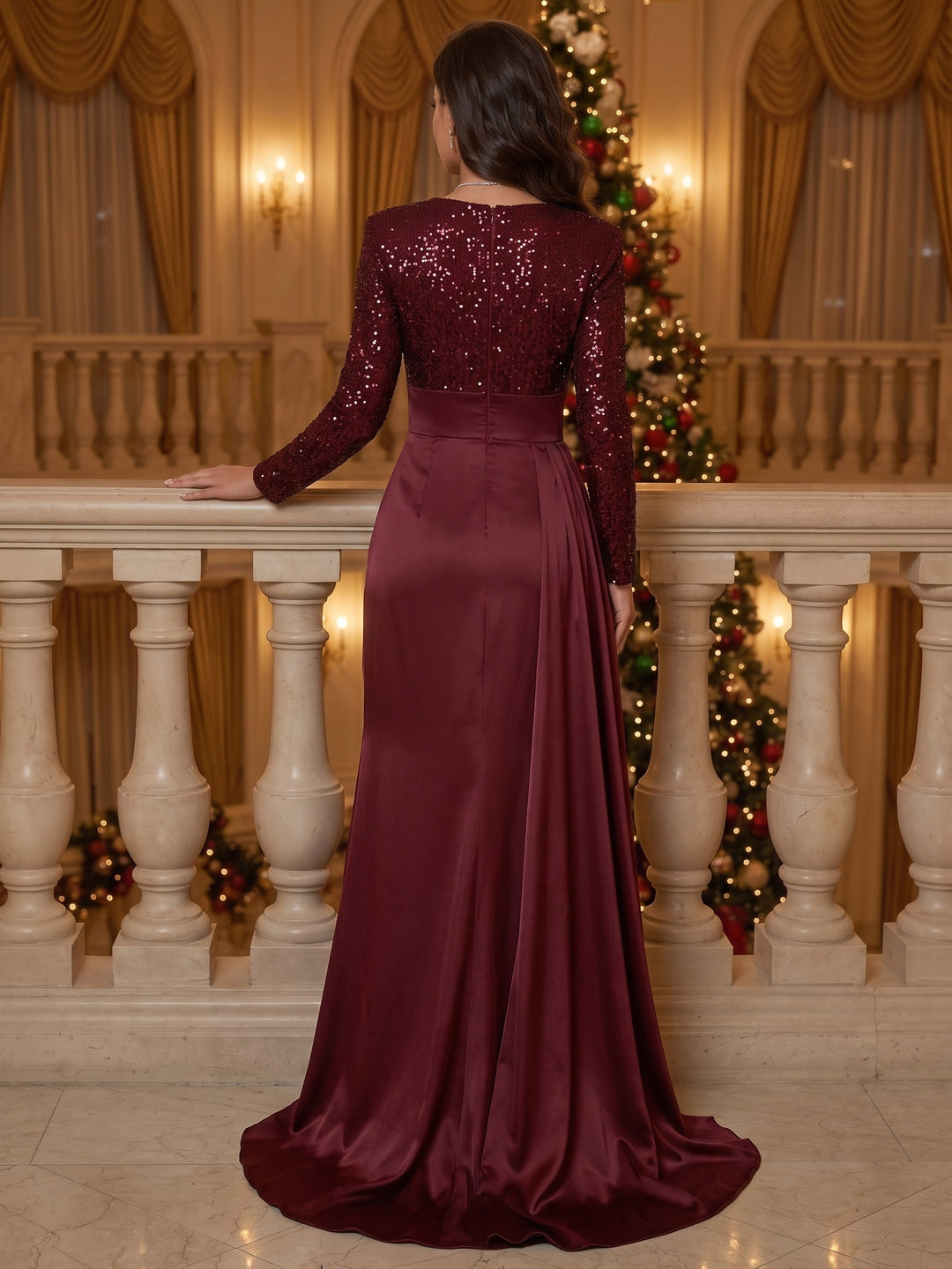 Sheath/Column V-Neck Satin Evening Dresses Floor-Length Long Sleeves Sequins Formal Dresses With Split Side