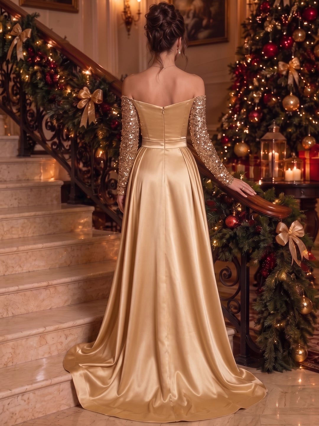 Sheath/Column Off-the-Shoulder Satin Evening Dresses Floor-Length Long Sleeves Sequins Ruched Formal Dresses With Split Side