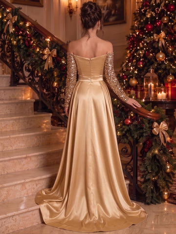 Sheath/Column Off-the-Shoulder Satin Evening Dresses Floor-Length Long Sleeves Sequins Ruched Formal Dresses With Split Side