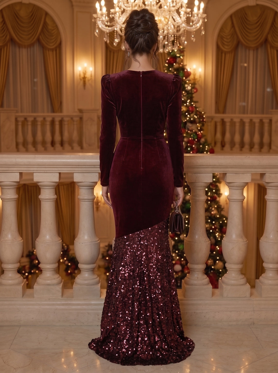 Sheath/Column Boat Neck Velvet Evening Dresses Floor-Length Long Sleeves Sequins Formal Dresses