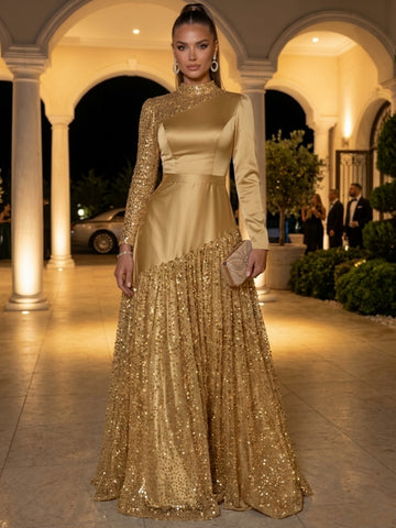 A-Line/Princess Mock Neck Satin Evening Dresses Floor-Length Long Sleeves Sequins Formal Dresses