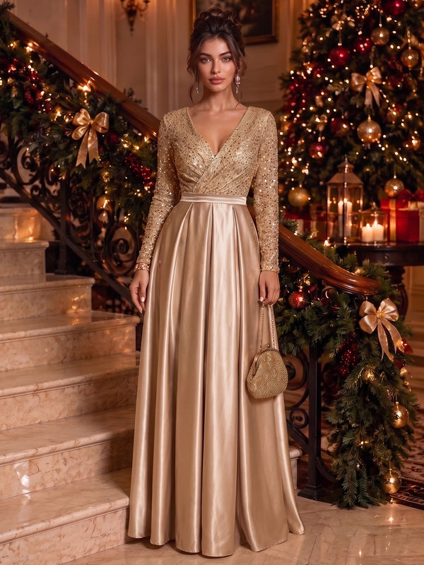A-Line/Princess V-Neck Satin Evening Dresses Floor-Length Long Sleeves Sequins Formal Dresses