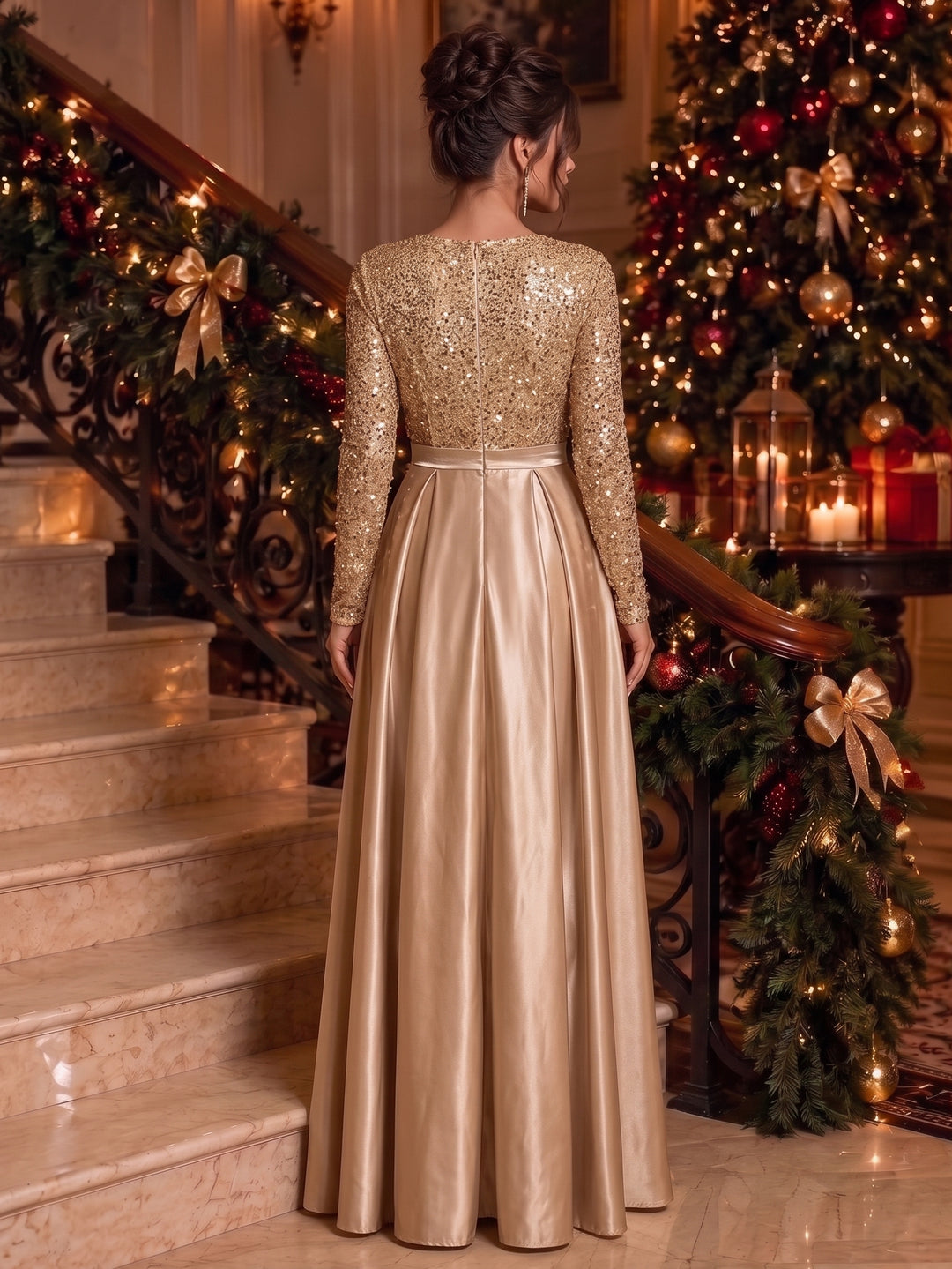 A-Line/Princess V-Neck Satin Evening Dresses Floor-Length Long Sleeves Sequins Formal Dresses