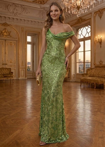 Sheath/Column One-Shoulder Sequin Evening Dresses Floor-Length Sleeveless Formal Dresses