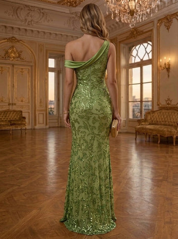 Sheath/Column One-Shoulder Sequin Evening Dresses Floor-Length Sleeveless Formal Dresses
