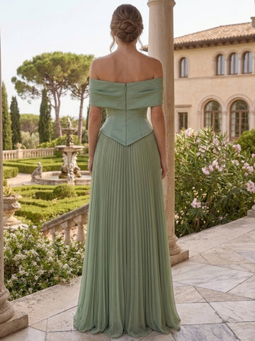 A-Line/Princess Off-the-Shoulder Formal Dresses Floor-Length Sleeveless Evening Dresses Rhinestone