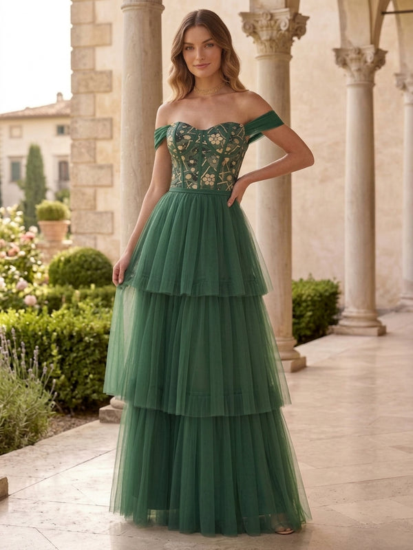 A-Line/Princess Off-the-Shoulder Tulle Formal Dresses Floor-Length Sleeveless Evening Dresses Floral