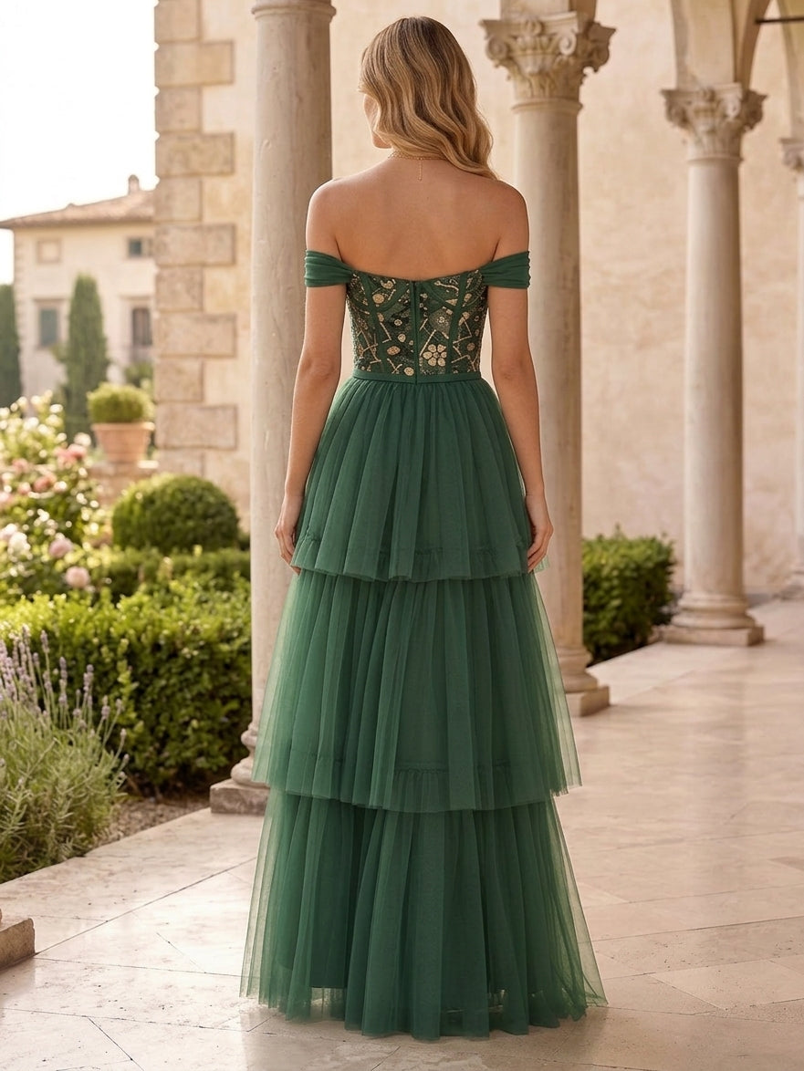 A-Line/Princess Off-the-Shoulder Tulle Formal Dresses Floor-Length Sleeveless Evening Dresses Floral
