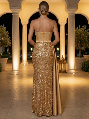 Sheath/Column Strapless Satin Evening Dresses Floor-Length Sleeveless Sequins Formal Dresses With Ruffles