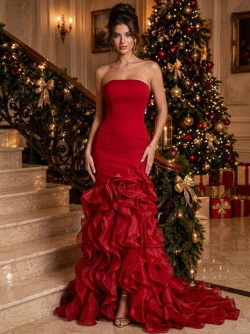 Trumpet/Mermaid Strapless Satin Evening Dresses Floor-Length Sleeveless Ruffles Formal Dresses