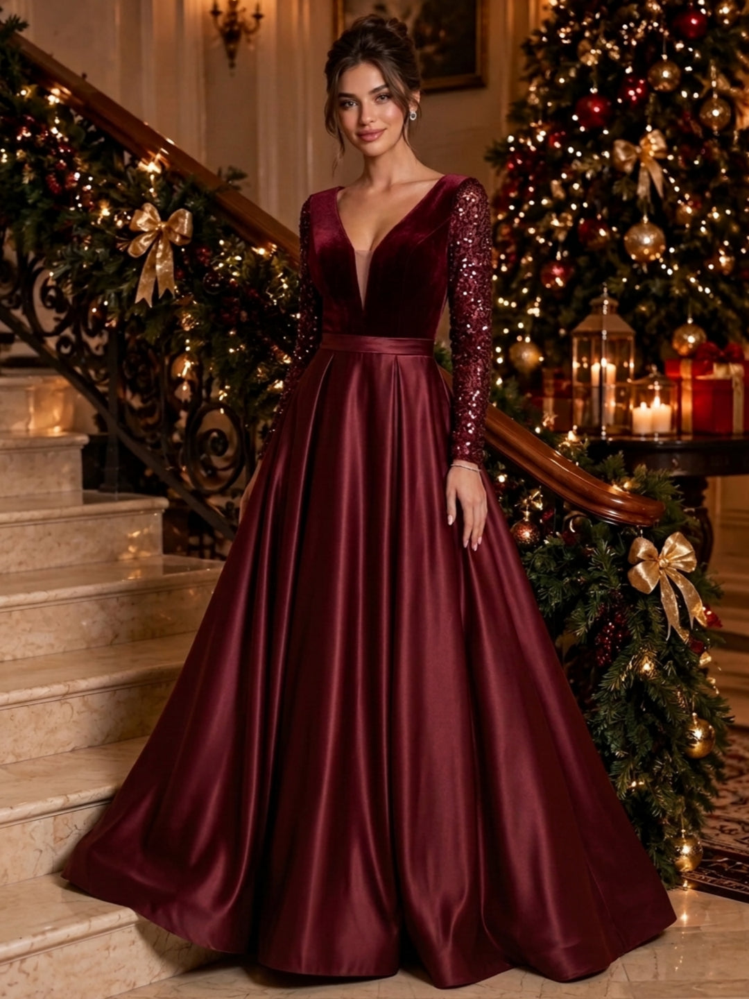 A-Line/Princess V-Neck Satin Evening Dresses Floor-Length Long Sleeves Sequins Formal Dresses