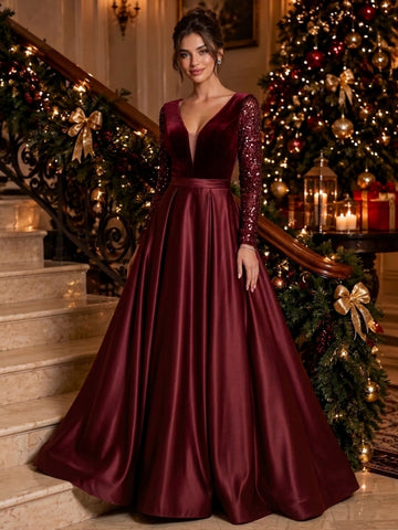 A-Line/Princess V-Neck Satin Evening Dresses Floor-Length Long Sleeves Sequins Formal Dresses