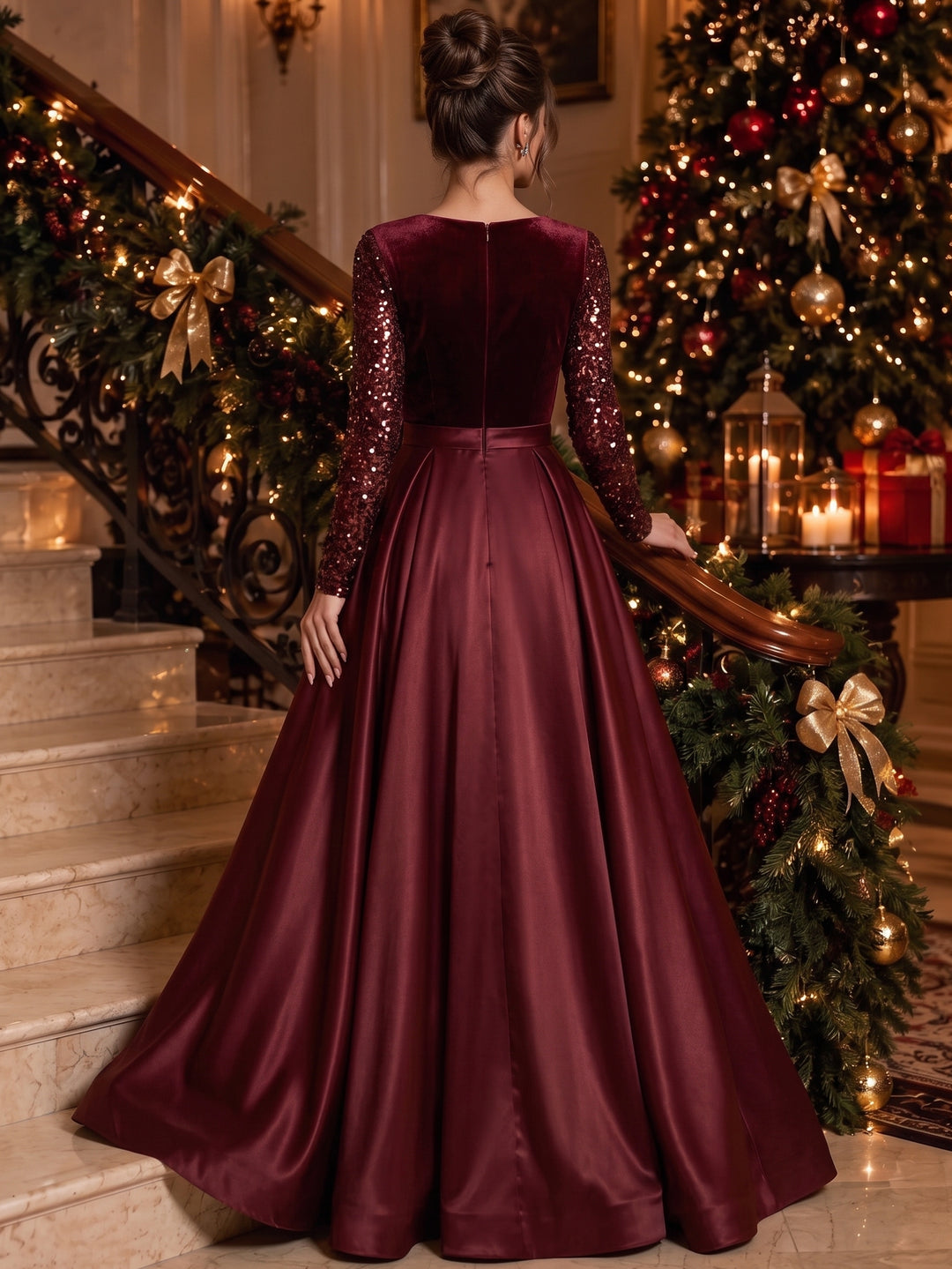 A-Line/Princess V-Neck Satin Evening Dresses Floor-Length Long Sleeves Sequins Formal Dresses
