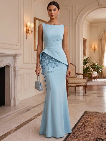 Sheath/Column Boat Neck Stretch Satin Evening Dresses Floor-Length Sleeveless Formal Dresses With 3D Flowers