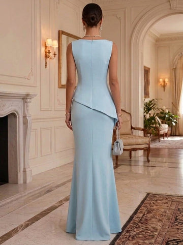 Sheath/Column Boat Neck Stretch Satin Evening Dresses Floor-Length Sleeveless Formal Dresses With 3D Flowers