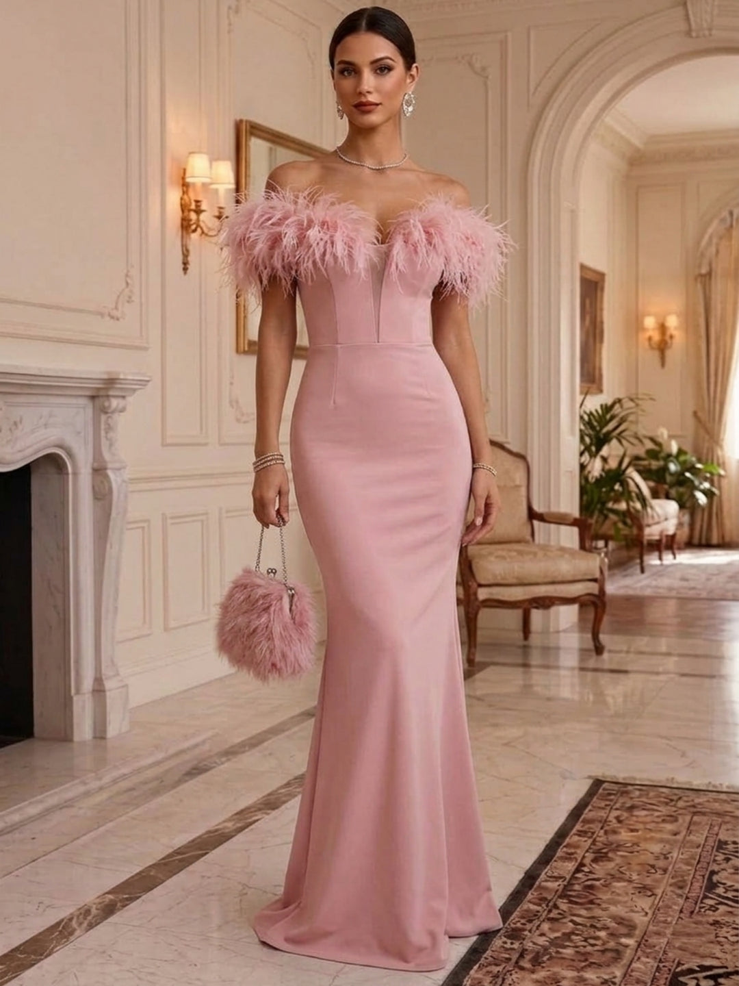 Sheath/Column Off-the-Shoulder Stretch Satin Evening Dresses Floor-Length Sleeveless Formal Dresses With Feathers