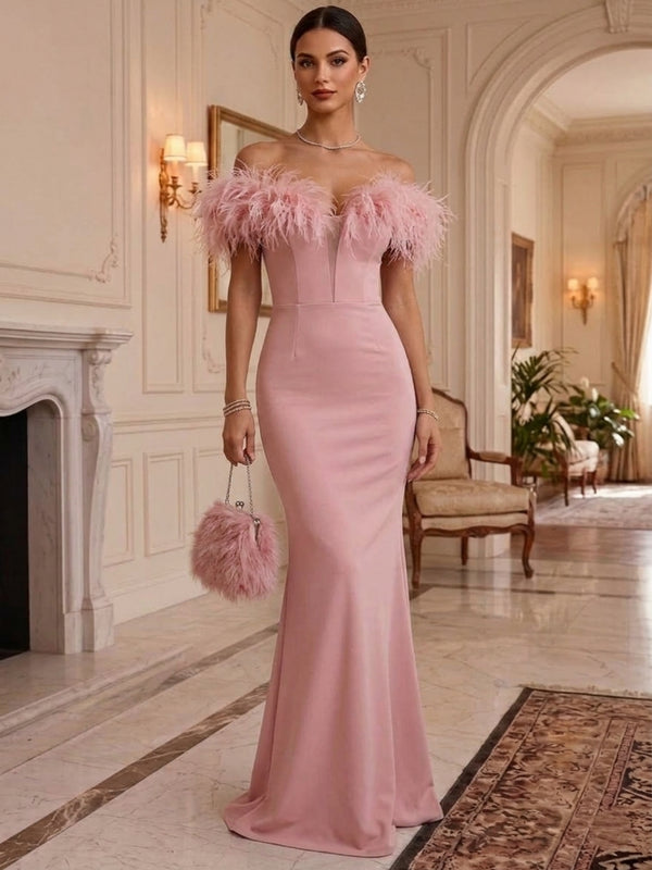 Sheath/Column Off-the-Shoulder Stretch Satin Evening Dresses Floor-Length Sleeveless Formal Dresses With Feathers