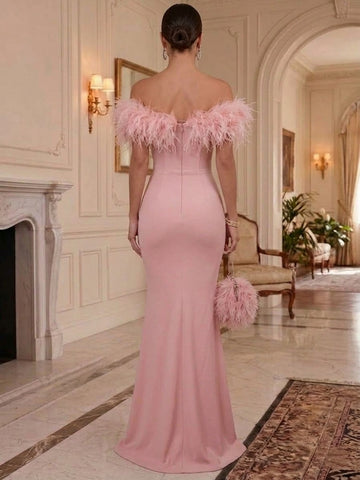 Sheath/Column Off-the-Shoulder Stretch Satin Evening Dresses Floor-Length Sleeveless Formal Dresses With Feathers
