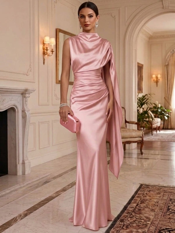 Sheath/Column Jewel Neck Silk Satin Evening Dresses Ruched Floor-Length Cape Sleeve Formal Dresses