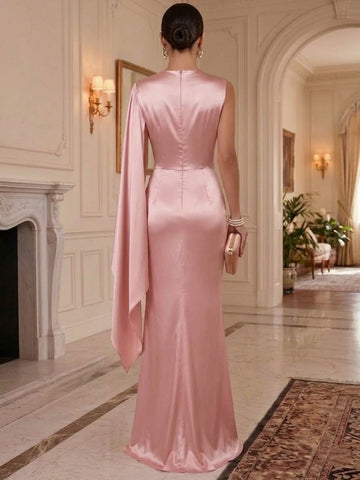 Sheath/Column Jewel Neck Silk Satin Evening Dresses Ruched Floor-Length Cape Sleeve Formal Dresses