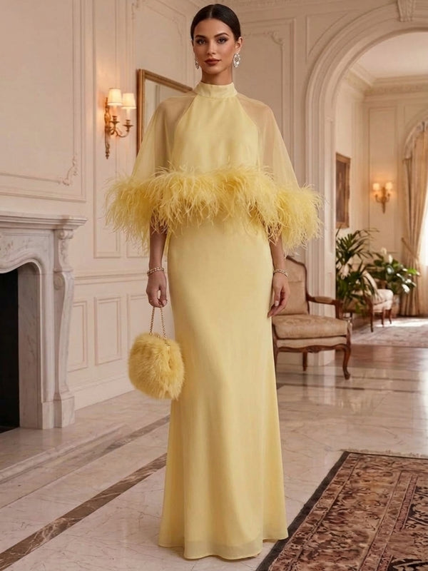 Sheath/Column Mock Neck Chiffon Evening Dresses with Feathers Ankle-Length Cape Sleeves Formal Dresses