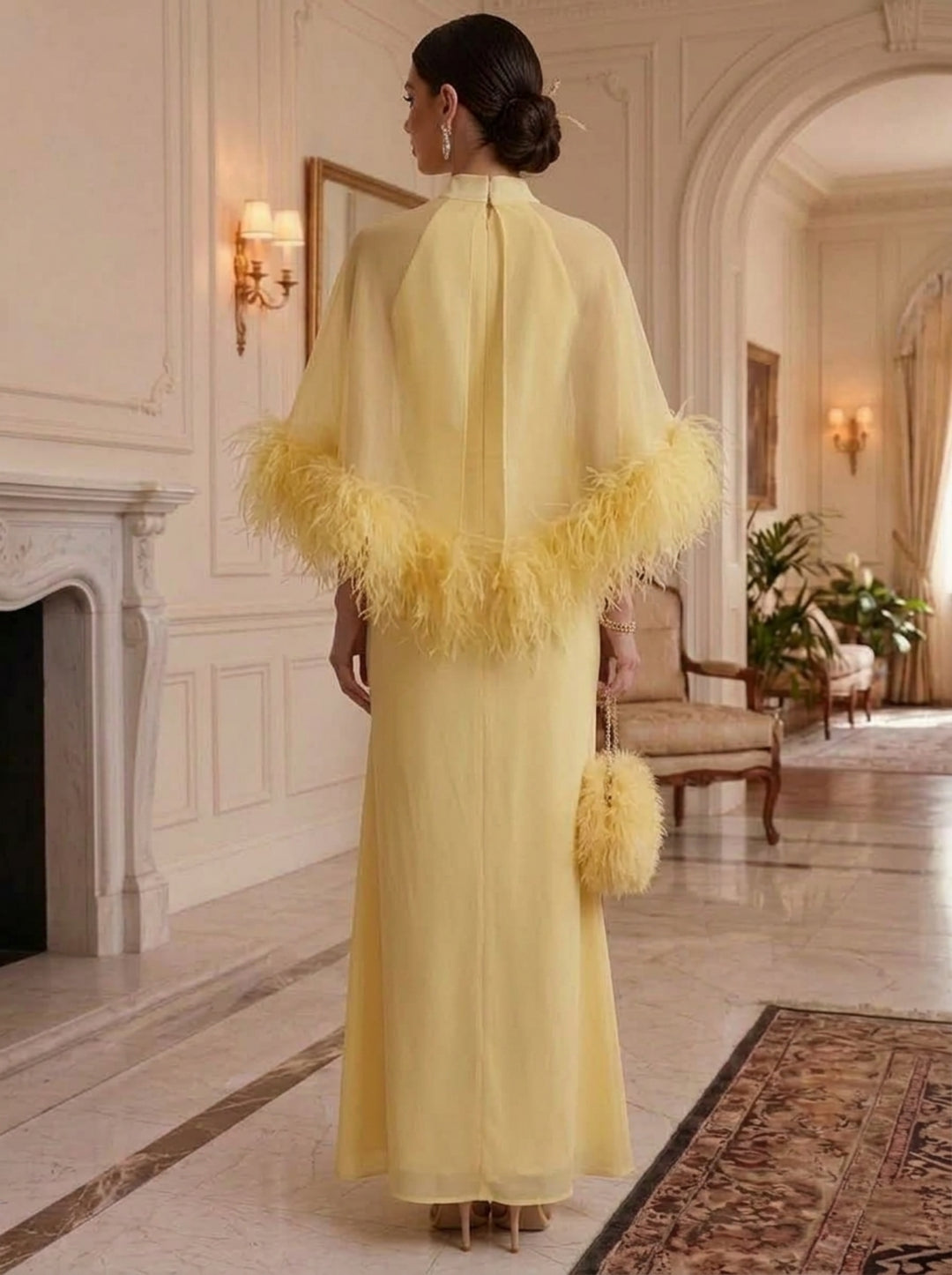 Sheath/Column Mock Neck Chiffon Evening Dresses with Feathers Ankle-Length Cape Sleeves Formal Dresses