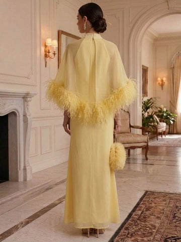 Sheath/Column Mock Neck Chiffon Evening Dresses with Feathers Ankle-Length Cape Sleeves Formal Dresses