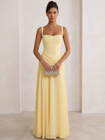 A-Line/Princess Chiffon Square Neck Evening Dresses Floor-Length Sleeveless Ruched Formal Dresses
