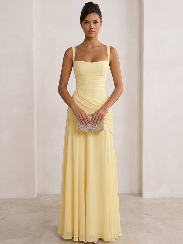 A-Line/Princess Chiffon Square Neck Evening Dresses Floor-Length Sleeveless Ruched Formal Dresses