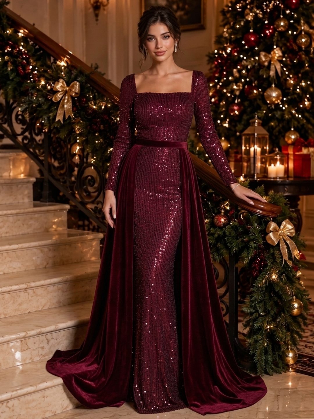 Sheath/Column Square Neck Velvet Evening Dresses Floor-Length Long Sleeves Sequins With Overskirt Formal Dresses