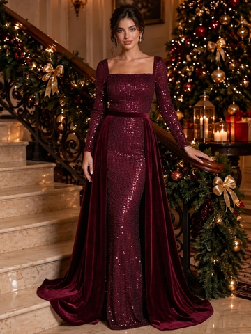 Sheath/Column Square Neck Velvet Evening Dresses Floor-Length Long Sleeves Sequins With Overskirt Formal Dresses
