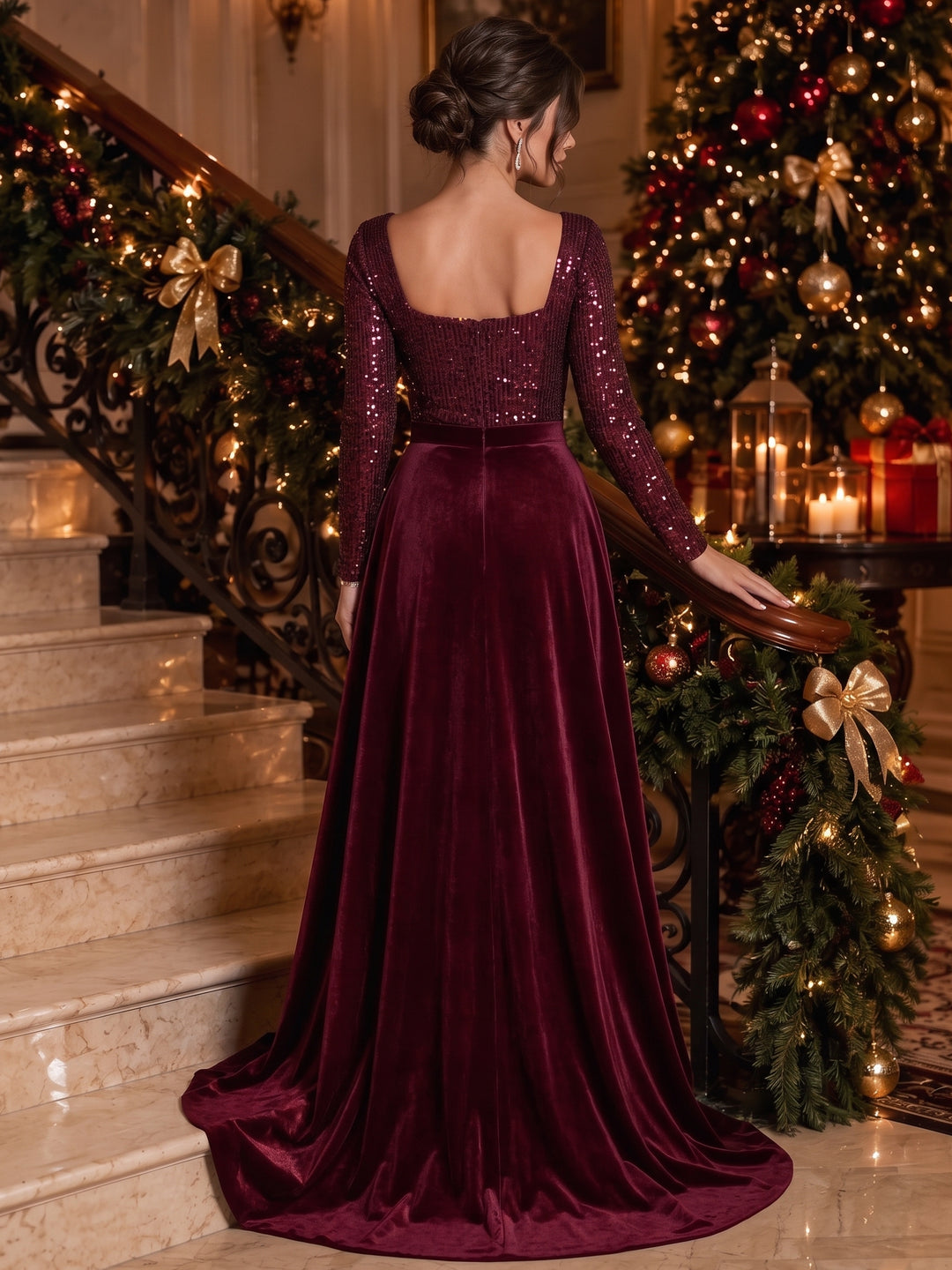 Sheath/Column Square Neck Velvet Evening Dresses Floor-Length Long Sleeves Sequins With Overskirt Formal Dresses