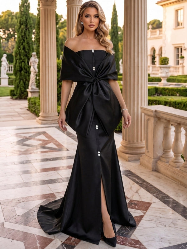 Trumpet/Mermaid Off-the-Shoulder Satin Evening Dresses Floor-Length Sleeveless Formal Dresses With Bowknot
