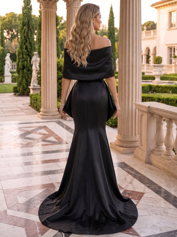 Trumpet/Mermaid Off-the-Shoulder Satin Evening Dresses Floor-Length Sleeveless Formal Dresses With Bowknot
