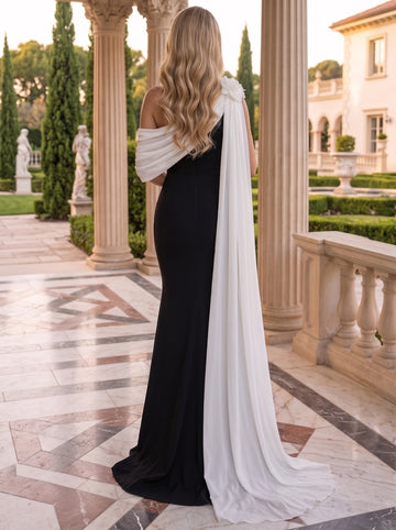 Trumpet/Mermaid One-Shoulder Stretch Satin Evening Dresses Floor-Length Sleeveless Formal Dresses With 3D Flowers