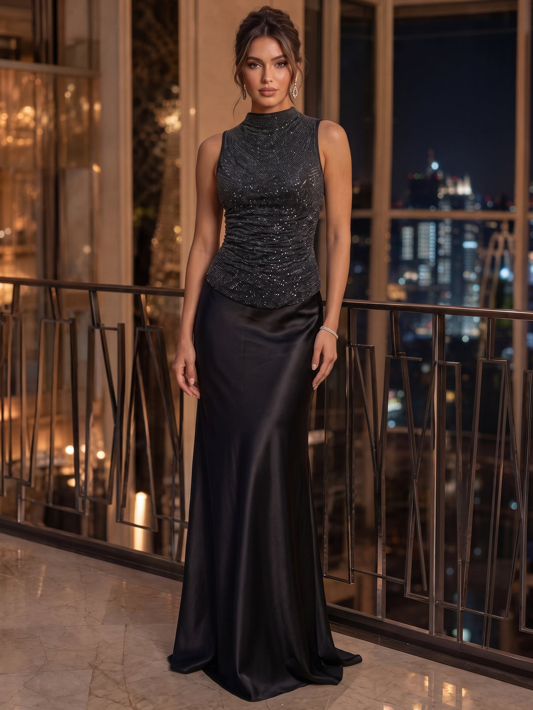 Sheath/Column Mock Neck Metallic Mesh Evening Dresses Silk Satin Sleeveless Floor-Length Party Dresses