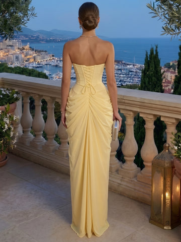 Sheath/Column Chiffon Strapless Evening Dresses Floor-Length Sleeveless Ruched Formal Dresses With Split Side