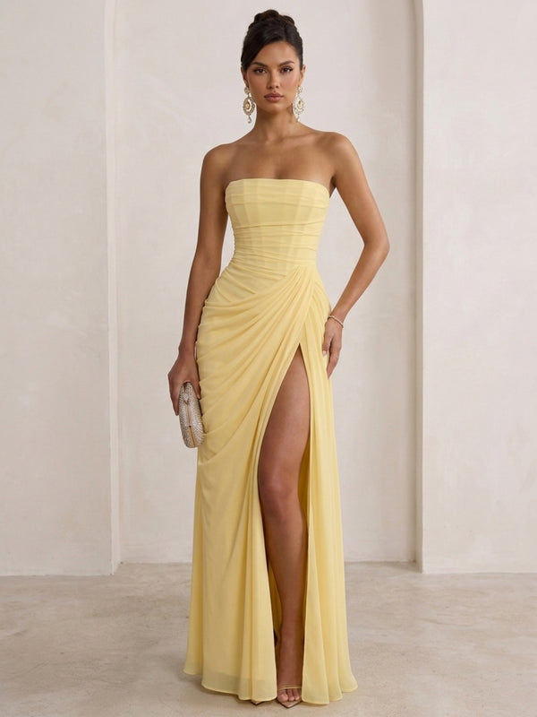 Sheath/Column Chiffon Strapless Evening Dresses Floor-Length Sleeveless Ruched Formal Dresses With Split Side