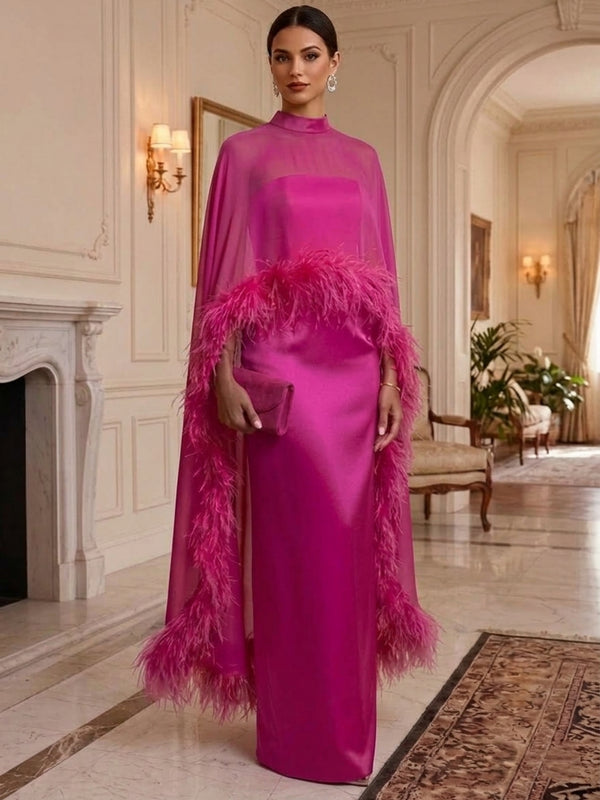 Sheath/Column Mock Neck Silk Satin Evening Dresses with Cape Chiffon Feathers Floor-Length Formal Dresses