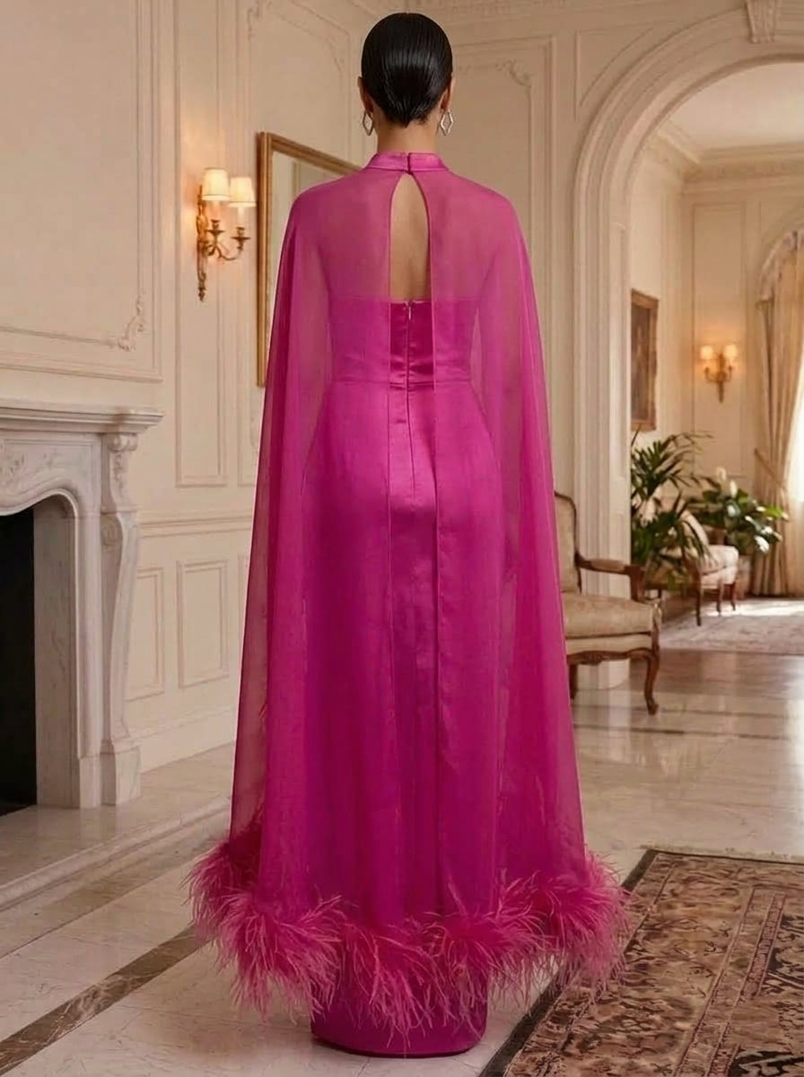 Sheath/Column Mock Neck Silk Satin Evening Dresses with Cape Chiffon Feathers Floor-Length Formal Dresses