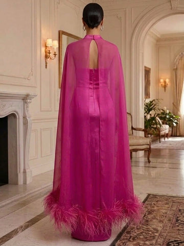 Sheath/Column Mock Neck Silk Satin Evening Dresses with Cape Chiffon Feathers Floor-Length Formal Dresses