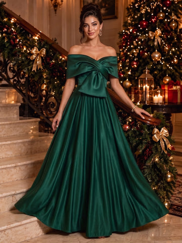 A-Line/Princess Off-the-Shoulder Satin Evening Dresses Floor-Length Sleeveless Formal Dresses With Bowknot